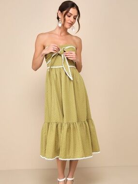 Lulus Delightful Design Light Green Polka Dot Midi Dress With Pockets Small